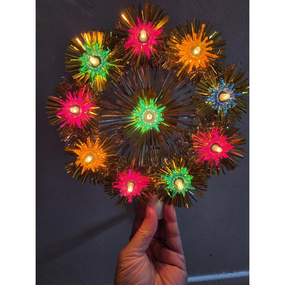 Vintage Lighted Christmas Tree Topper 9 Lights Gold Tinsel Sputnik Starburst